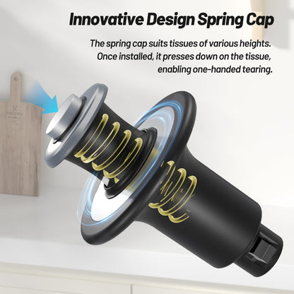 VEHHE Paper Towel Holder Countertop, Black Paper Towel Holder Stand with Spring Damping for Kitchen Bathroom, One Hand Tear Paper Stainless Steel Paper Towel Holder with Weighted Base and Suction Cups