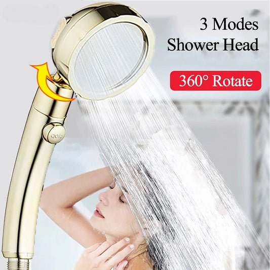 Vehhe 360 Degree Rotating Retro Golden Shower High Pressure 3 Modes with Stop Button Water Saving ABS Plastic Shower Head